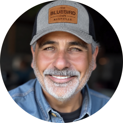 Michael Grace wearing a Bluebird Cafe Nashville cap